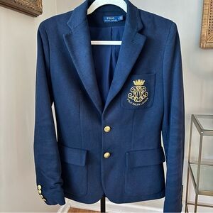 Polo Ralph Lauren Navy Blue Cotton Gold Crest Embroidered Knit Blazer Size 6